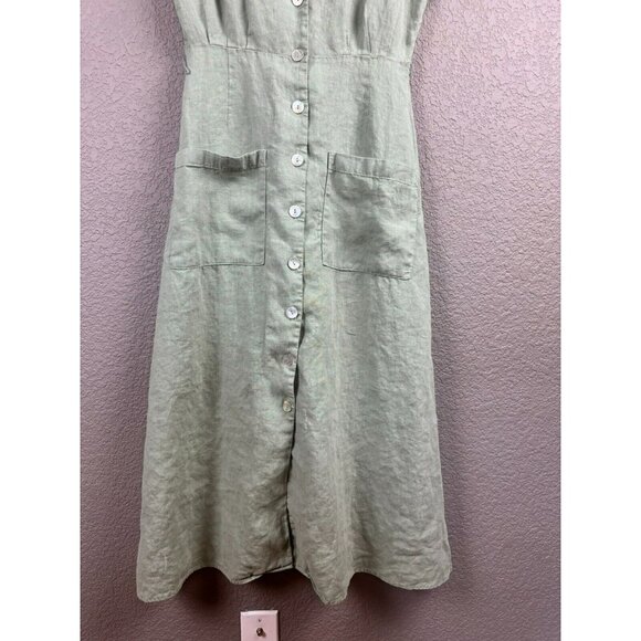 Rachel Zoe Midi Linen Dress Size XS Linen Green Button Front Short Sleeve Retro - Picture 9 of 13